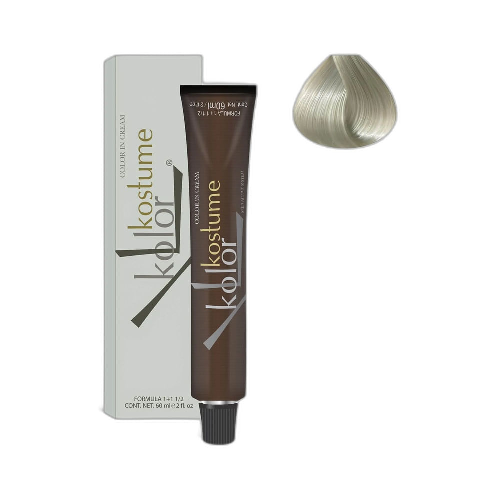 Coloração Kostume Kolor 12.1 Loiro Extra Claro Platinum Intenso embalagem e amostra de cor